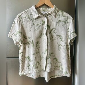 Jane + Delancey Horse Print Button Down Blouse Medium Linen Blend